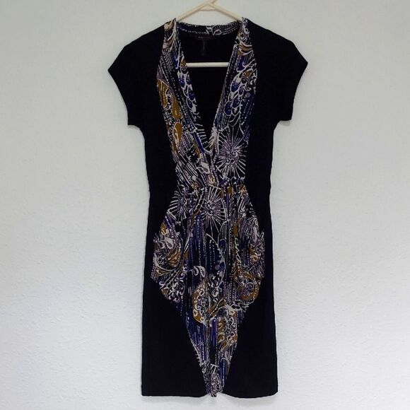 BCBGMaxAzria Dresses & Skirts - BCBGMaxAzria Black Sheath Midi Dress with Plunge Neckline & Pockets